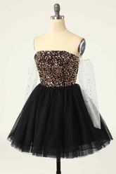 Party Dresses 2051, Black Off-the-Shoulder A-line Long Sleeves Sequins Mini Homecoming Dress